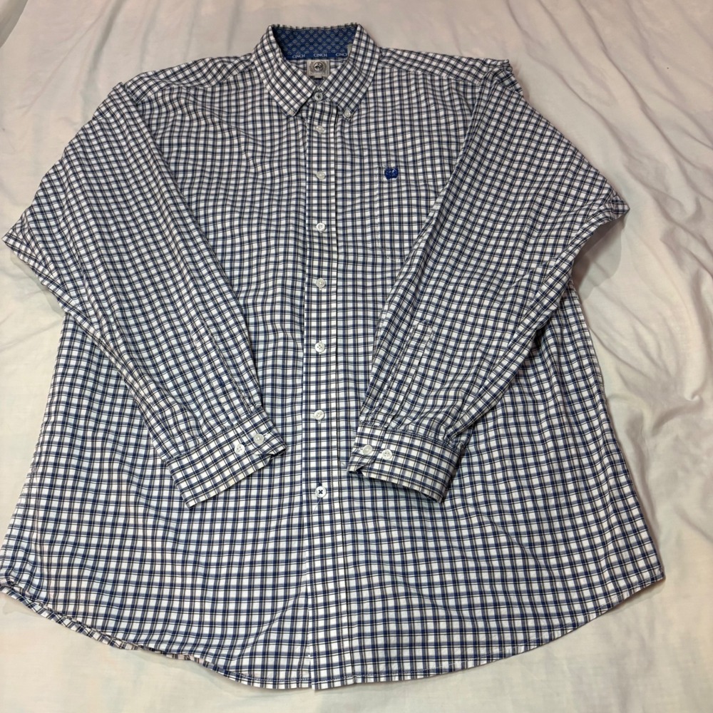Cinch Mens XL Blue White Plaid Button Down Western Long Sleeve Cotton Shirt